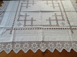 Antique Vtg English Tea Cloth Hand Drawnwork Crochet Lace Edge 44 " Square