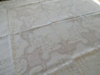 Antique Vtg Elaborate Hand Drawnwork Lace Embroidered Tablecloth 46x51 Linen