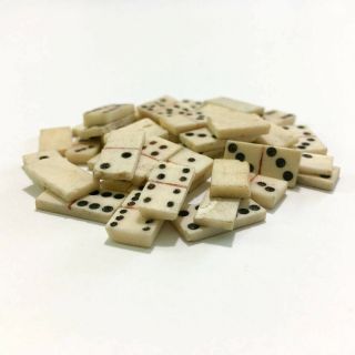 Vintage Miniature Hand Made Carved Bone Domino Set (49 Tiles)