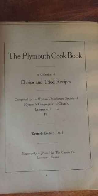 1911 Lawrence Kansas Cookbook Hardcover