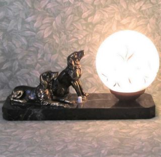 Vintage French Marble Art Deco Table Mood Lamp Bronzed Spaniel Dogs Orig Globe