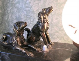 Vintage French Marble ART DECO TABLE MOOD LAMP Bronzed Spaniel Dogs Orig Globe 3