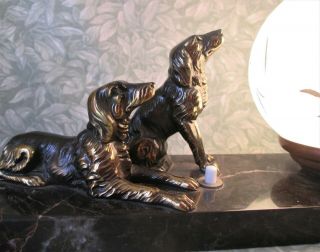 Vintage French Marble ART DECO TABLE MOOD LAMP Bronzed Spaniel Dogs Orig Globe 4