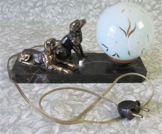 Vintage French Marble ART DECO TABLE MOOD LAMP Bronzed Spaniel Dogs Orig Globe 5