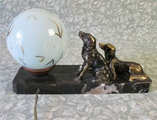 Vintage French Marble ART DECO TABLE MOOD LAMP Bronzed Spaniel Dogs Orig Globe 8