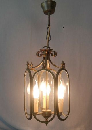 Brass & Glass Hall Porch Lantern Lamp Ceiling Light Vintage French 6 Pane Glass