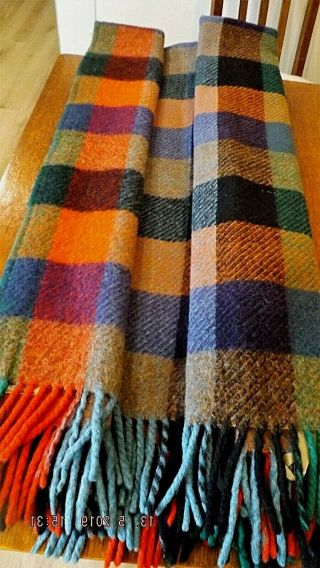 Vintage Irish Pure - Wool Rug/blanket Check Woven In Connemara Bright Colours