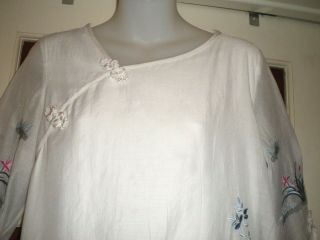 Pretty Vintage Chinese White Flare Dress w/Embroidered Cranes/Flowers Sz M 2