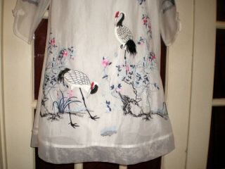 Pretty Vintage Chinese White Flare Dress w/Embroidered Cranes/Flowers Sz M 3