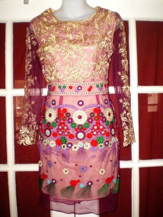 Stunning Vtg Chinese Sheer Cheongsam Dress/robe Embroidered All Over Sz S