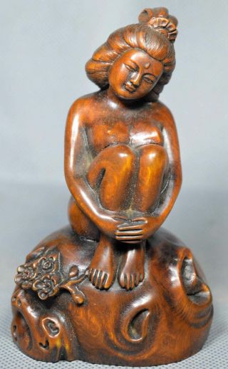 Exorcism Collectable Auspicious Handwork Boxwood Carve Belle Hold Flower Statue