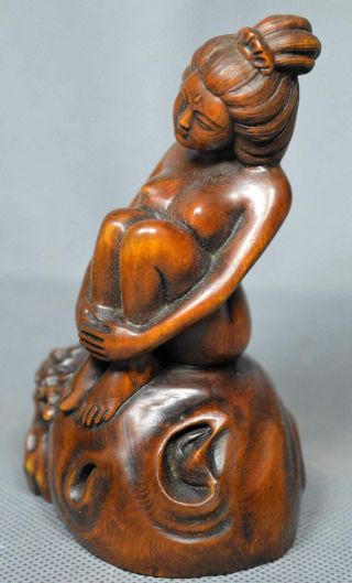 Exorcism Collectable Auspicious Handwork Boxwood Carve Belle Hold Flower Statue 2