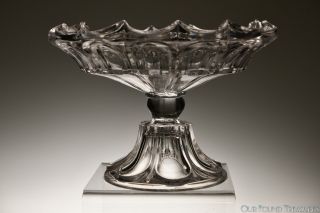 Ca.  1840s Pressed Gothic Arch Dish Leaf Foot Sandwich Flint Crystal Open Compote