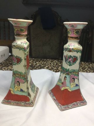 Pair Antique Hand Painted Porcelain Chinese Candlesticks Old China