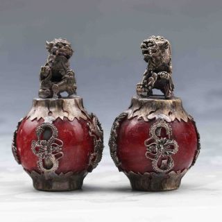 A Pair Collectible Decor Old Jade & Tibet Silver Lion Statue