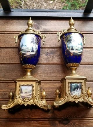 Italy Antique Bronze Porcelain Mounted Footed Mantle Portrait Urns (pair)