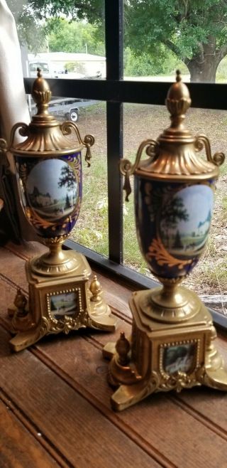 ITALY Antique Bronze Porcelain mounted footed mantle portrait urns (Pair) 3