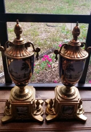 ITALY Antique Bronze Porcelain mounted footed mantle portrait urns (Pair) 8