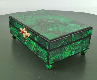 Faux Malachite Wood Box Marbled Papers Antique Empire Style Bee Jewelry Trinket