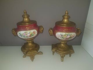 Antique P.  H.  Mourey Very Rare Gilded Bronze And Ceramic French Urns Vases