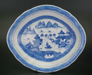 Large Antique Chinese Blue And White Porcelain Landscape Plate Fluted Rim 18th C