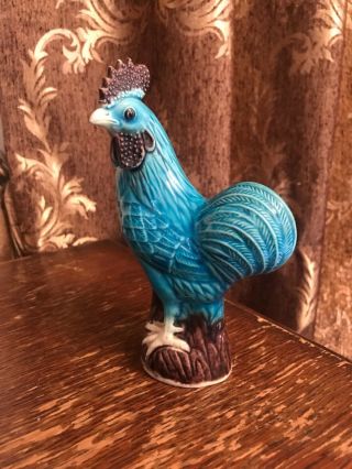 Vintage Turquoise Rooster Figurine Chinese Ceramic Chicken Blue Glaze