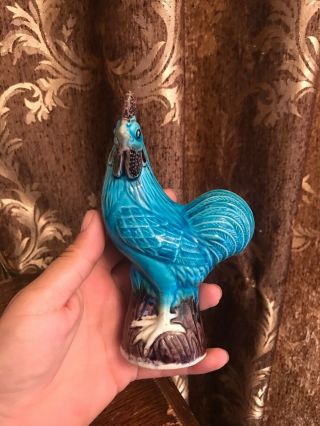 VINTAGE TURQUOISE ROOSTER FIGURINE CHINESE CERAMIC CHICKEN BLUE GLAZE 2