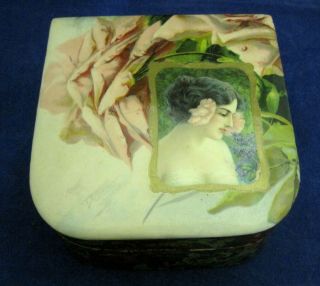 Antique Celluloid Top Presentation Box With Pink Rose & Lovely Lady & Nasturtium