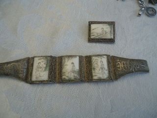 Antique Chinese Spun Silver Carved Bodine Bone Panel Bracelet Brooch