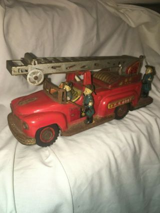 Vintage Toy Nomura Fire Truck Japan Fd 6097 Lithographed Tin Battery 4 Men 1950s