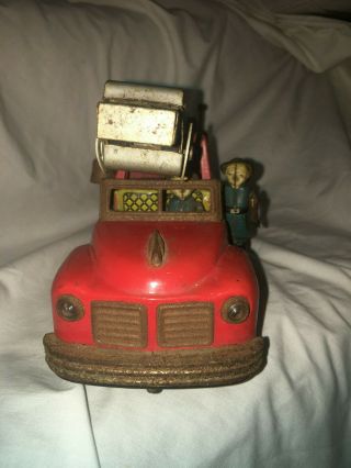 Vintage Toy Nomura Fire Truck Japan FD 6097 LITHOGRAPHED TIN BATTERY 4 Men 1950s 3