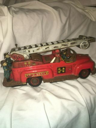Vintage Toy Nomura Fire Truck Japan FD 6097 LITHOGRAPHED TIN BATTERY 4 Men 1950s 4
