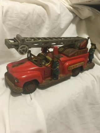 Vintage Toy Nomura Fire Truck Japan FD 6097 LITHOGRAPHED TIN BATTERY 4 Men 1950s 5