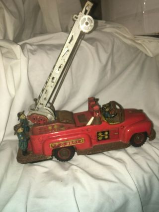 Vintage Toy Nomura Fire Truck Japan FD 6097 LITHOGRAPHED TIN BATTERY 4 Men 1950s 8