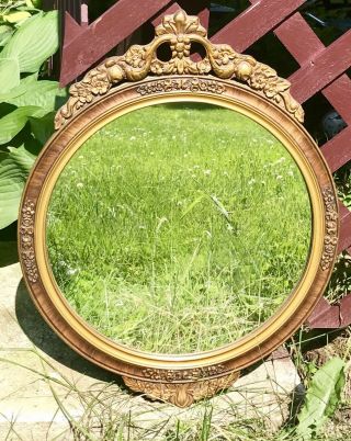 Antique Round Wall Mirror W/carved Wood & Gold Gesso Floral Crest & Frame