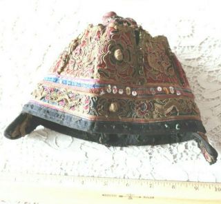 Antique 19thc Chinese/asian Hand Embroidered Hat L - 7 " X 19 "