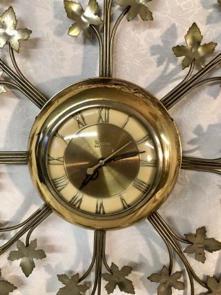 Mid Century Vintage United Clock Co NY Elec Wall Clock w/ Metal Leaves 1950 ' s 3