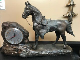 Vintage Mantle Clock.  Electric Gilbert Figural Horse Clock.  Western Scene.