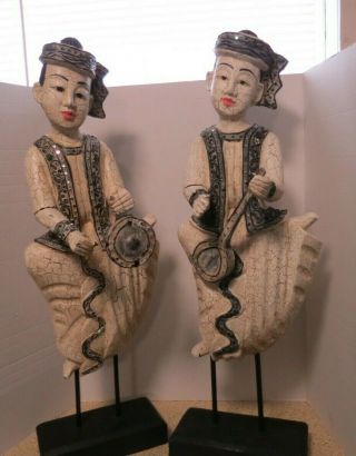 2 Antique Burmese Wooden Carvings Oriental Man Woman Musicians Some Flaws 30.  5 "