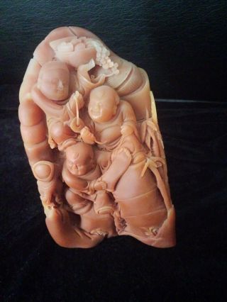Shao Shan Stone Carving,  Three Children Playing On Bamboo Hillside W Food,  Coin,