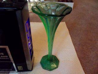 Glass Vase Footed Trumpet Moongleam Twist Teal Green Uranium Vaseline Depression