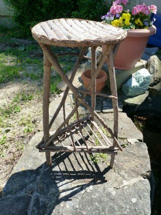 Antique Folk / Tramp Art Twig Adirondack Side Table/ Plant Stand One Of A Kind