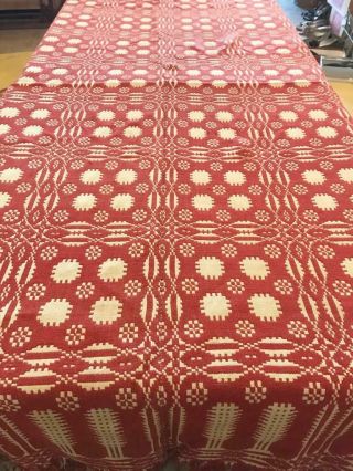 Antique Woven Wool Coverlet Red & Cream 78 X 88 "