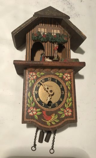 Heco Cuckoo Type Clock Music Box Germany Vintage Old Wood With Key Nr