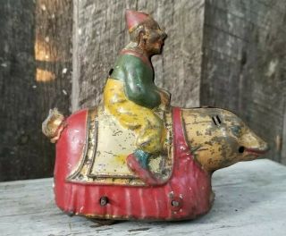 German Tin Mechanical Clown On A Performing Pig Parts Or Restore