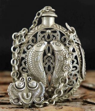 Chinese Old Tibet Silver Copper Carve Hollow Out Pair Fish Delicate Snuff Bottle