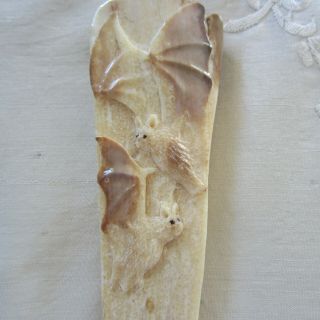 VINTAGE FLYING BATS CARVING ON PETRIFIED ANTLER,  STUNNING DETAIL,  WORK 3