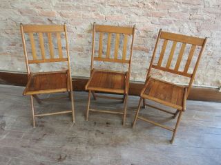 Vintage Rare Church Wood Folding Slat Chairs - 3 Chairs Total