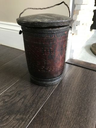 Primitive Small Wooden Bucket Pail With Rope Handle Old Vintage Etchings