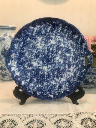 Antique Blue And White Handled Spongeware Chop Plate